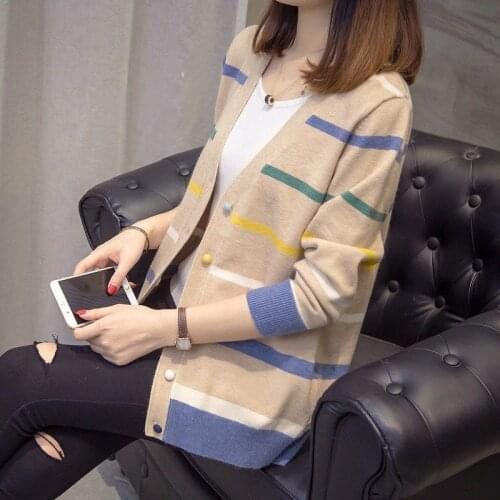 PEONFLY Casual Fashion Female V-Neck Long Sleeve Rainbow Stripes Buttons Cardigan Midi Thin Knitted Coat Women Clothing