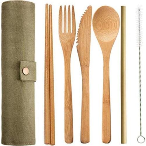 QL 6pcs/set Straw Kitchen Utensil With Random Bag Eco-friendly Travel Reusable Portable Bamboo Cutlery Set Spoon Fork Chopstick