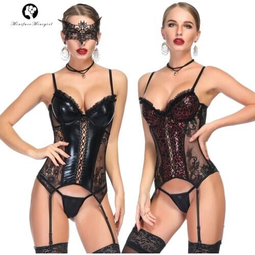 Women Sexy Underwear Corset Patent Leather Corsets Transparent Lace Mesh Plus Size Lingere Bustier Push Up Corselet with Thong