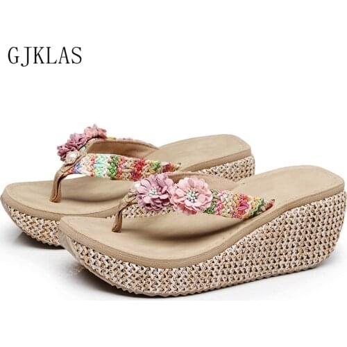 High Heels 7cm Flip Flops Women Shoes Wedges Flip Flop Slipper Ladies Heel Shoes Slippers Bohemia Style Ladies Wedge Slippers