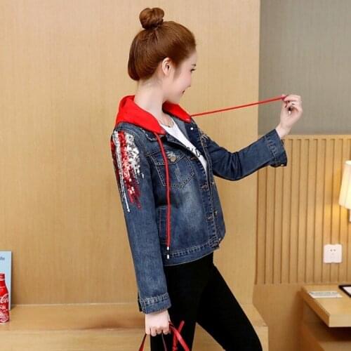 Women High Street Sequin Hooded Denim Outerwear Frayed Korean Loose Fit Jeans Jacket Streetwear Clothes Female Short Coats