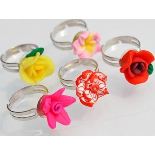 Yingwu Wholesale Lots 10pcs Colorful Rose Flower polymer clay Children Rings Adjustable size Kids Gift
