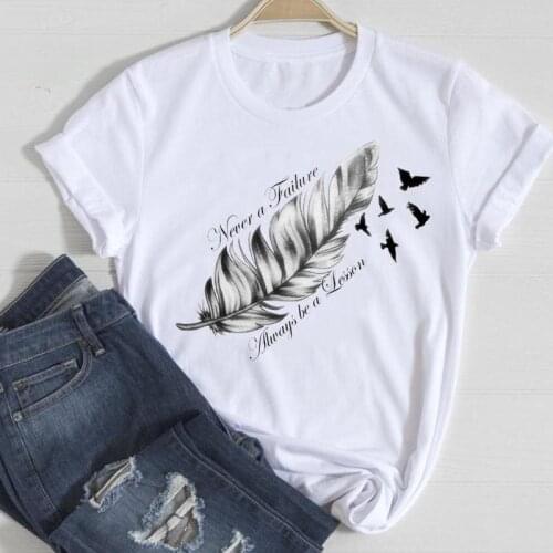 Women Short Sleeve Feather Letter Printing Fashion Cartoon Summer Stylish T Top Lady Print Tee Sexy Tshirts Clothes T-Shirt