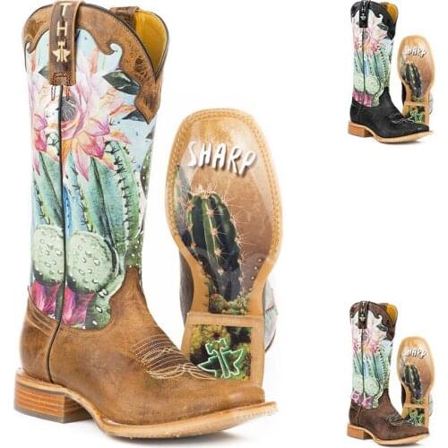 Womens Pointed Toe PU Leather Embroidery Printed Floral Mid Calf Boots Chunky Heel Shoes Western Chelsea Cowboy