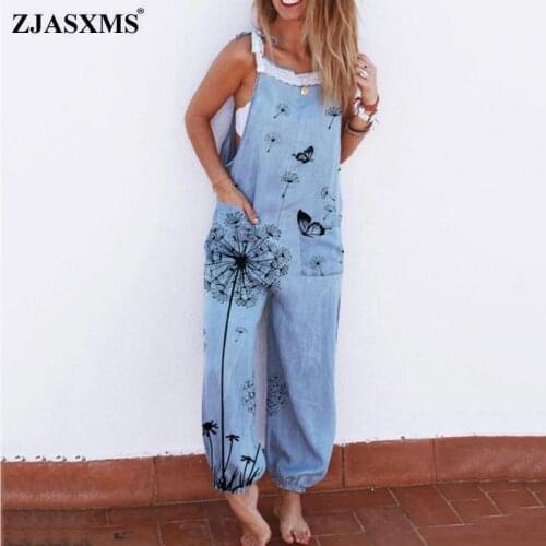 3XL Dandelion Butterfly Print Imitation Denim Jumpsuit Women Off Shoulder Straps Romper Spring Summer Sleeveless Pocket Overalls