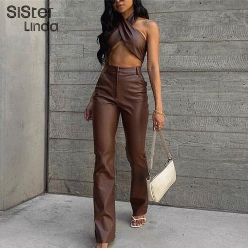 Sisterlinda Brown Faux PU Leather Sexy Two Piece Sets Women Sleeveless Backless Halter Tops+Straight Trousers Streetwear Outfits