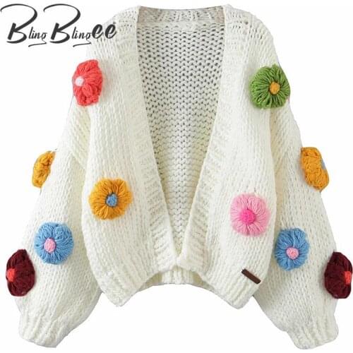 BlingBlingee Za 2021 Hand Made Sweater Woman Traf Autumn Winter 3D Flowers Chunky Knit Cardigan Open Front Loose Crop Tops