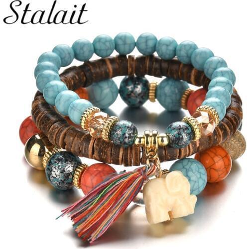Natural Stone Bead Bracelets for Women Vintage Elephant Pendant Bracelet Female Jewelry Tassel Charms Wristband Gift