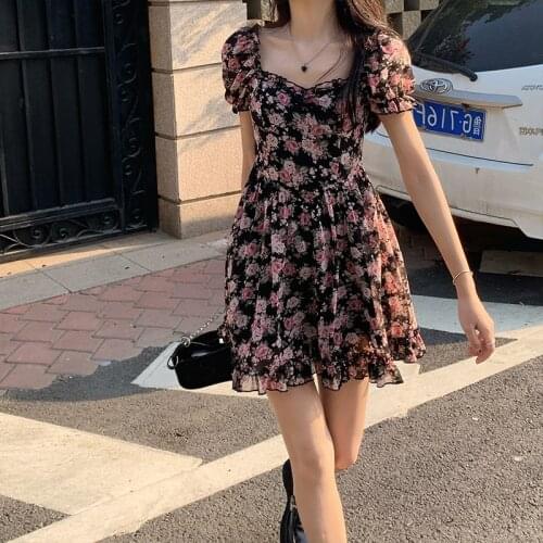 Summer Floral Dress Mini Women Puff Sleeve Dress Vintage Rose French Square Collar Chiffon A-line Short Sleeve Femme Clothes
