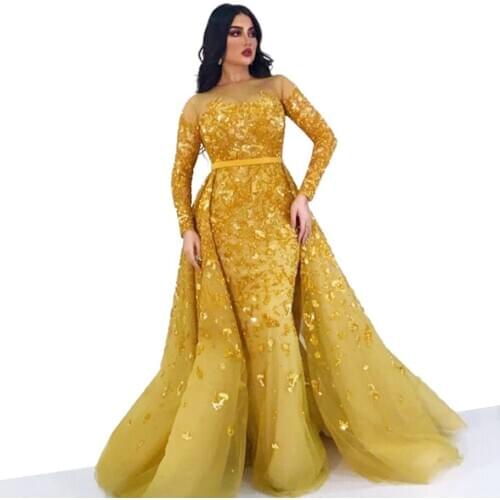 Gold Muslim Evening Dresses Mermaid Long Sleeves Tulle Appliques Beaded Dubai Saudi Arabia Long Prom Dress Gown Robe De Soiree