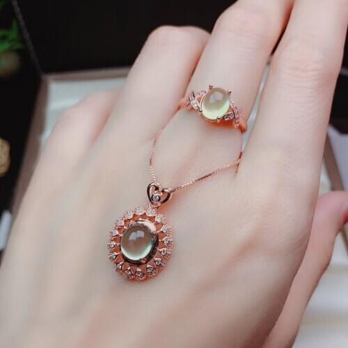 100% Natural Real Prehnite jewelry set Natural Real Prehnite 925 sterling silver 1 Prehnite pendant, 1 Prehnite ring