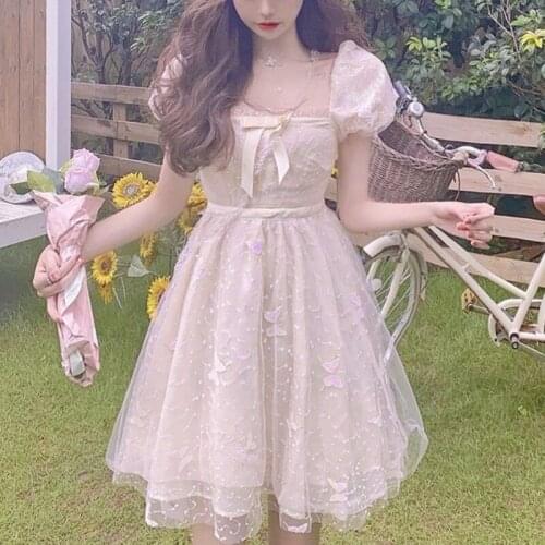 2021 Summer Sweet Solid Fairy Dress Retro Kawaii Short-Sleeved Belted Mini Dress for Women Pretty Chic Bowknot Lace Beach Dress