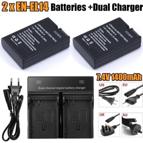 2pcs EN-EL14 EL14a Battery & Dual Channel Charger for Nikon P7800,P7700,P7100,D3400,D5500,D5300,D5200,D3200,D3300,D5100,D3100,Df