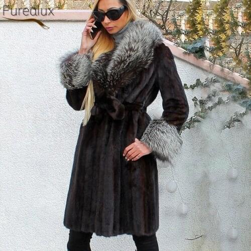 FUREALUX 2021 New Real Mink Fur Coat Fashionista Street Style With Fox Hat Leader Mouth Womens Warm Casual Parker Jacket