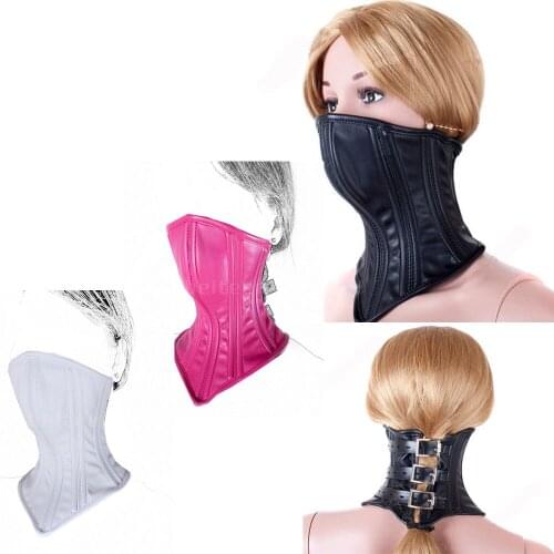 Cartilage Corset Restraint Unisex Collar Lockable Leather Half Face Mask Bed BDSM Bondage Slave Fetish Adult Game Sex Toys