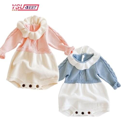 0-3Yrs Baby Girls Knitted Romper 2020 Autumn Infant Newborn Long Sleeve Solid Ruffled Jumpsuit Outfit Set Baby Winter Clothing