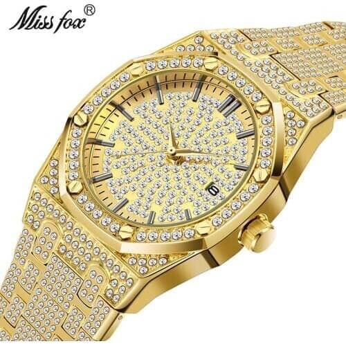MISSFOX 18K Gold Watch Men Luxury Brand Diamond Mens Watches Top Brand Luxury FF Iced Out Male Quartz Watch Calender Unique Gift