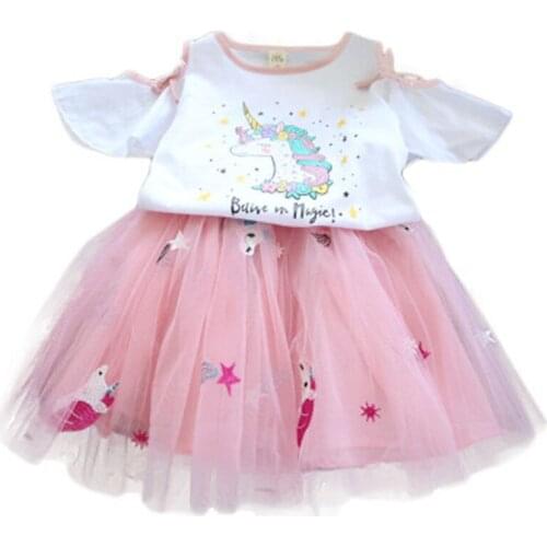 2021 Summer New Girl Dress Suit Cartoon Unicorn Print T-shirt + Net Veil Dress 2 Girls Clothes Hot Sale Suit