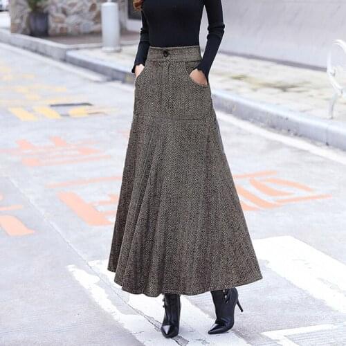 Woolen Skirt korean Vintage skirt Autumn Winter 2020 New Striped Dress High Waist A- line Dress Thicken Midi Long Skirt 818F