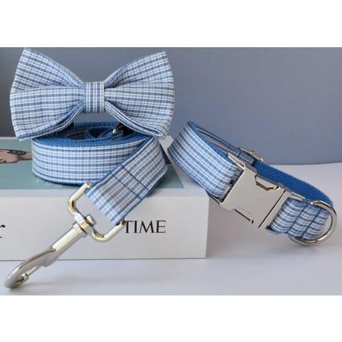 Blue Grid Pet Leash For Small Medium Big Dogs Free Engraved Name ID Tag Christmas Dog Collars For Chihuahuas