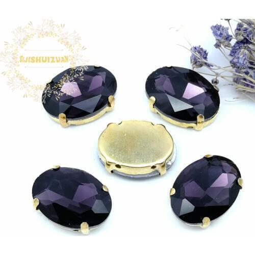 Classic style Deep Purple OVAL shape Glass Crystal sew on rhinestones with Gold claw Diy Clothing accessories Free shipping