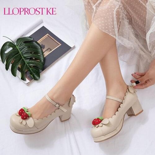 Lloprost ke Womens Round Toe Bowknot Strawberry Block Chunky Heel Cosplay Lolita Buckle Pumps Shoes Mary Janes Plus Size 48