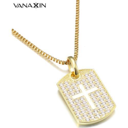 VANAXIN Statement Punk Necklaces For Men Cross Jesus Pendants CZ Paved Shiny Gift Jewelry Gold/Silver Color Religious Jewellery