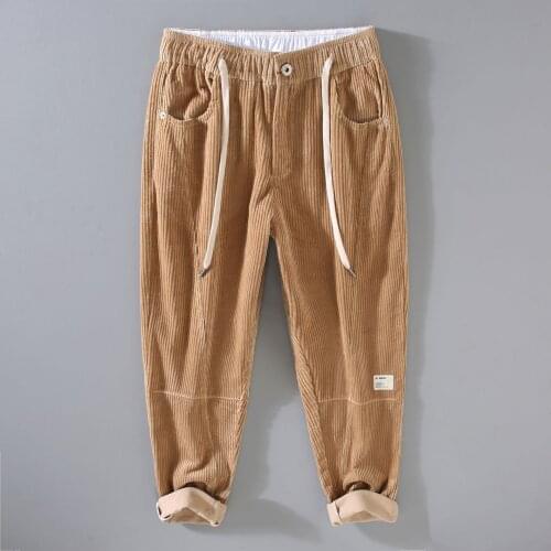 A012 Corduroy Khaki Pants For Men Autumn Winter Fashion Patchwork Causal Loose High Waist Thick Zipper Fly Male Cargo Slacks