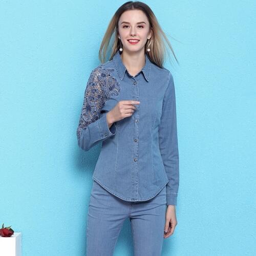 2019 spring and summer new arrival womens fashion hollow out denim shirt long-sleeved slimming casual OL blouses NW19B6033