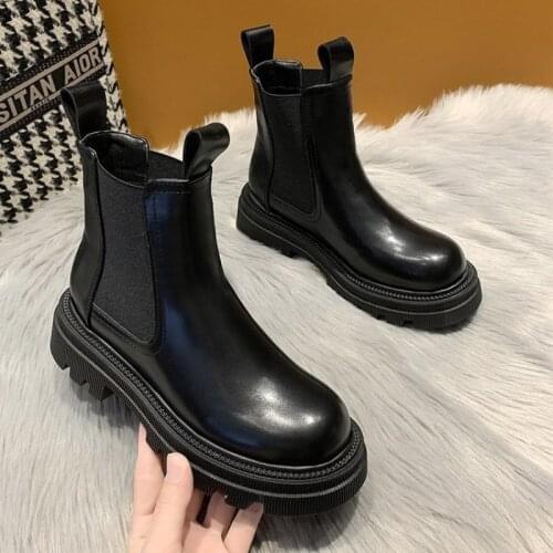 2021 New Chunky Boots Fashion Platform Women Ankle Female Sole Pouch Ankle Botas Mujer Round Toe Slip-on Botas Mujer Solid Color