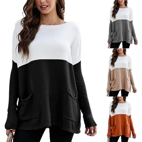 Women Fashion Casual Sweater Contrast Color Knitted Autumn O Neck Long Sleeve Pockets Sweater for Daily Sports Streetwear