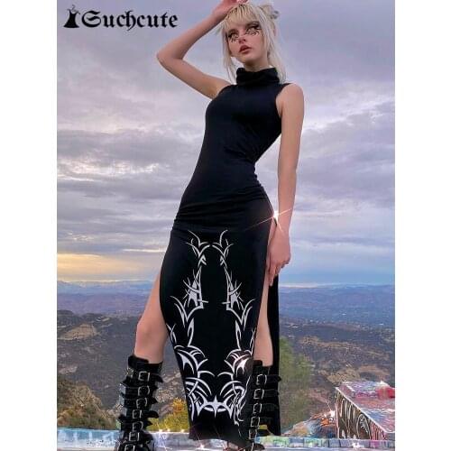 SUCHCUTE Gothic Print Midi Dress For Women Summer Turtleneck Dark Academia Fashion Long Dress Harajuku Sleeveless Black Dresses