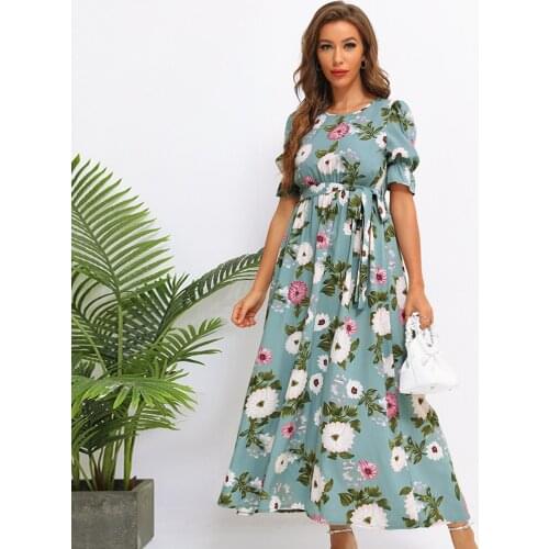 Women Summer Vintage Floral Print Beach Maxi Dress Casual Boho Long Dress Robe