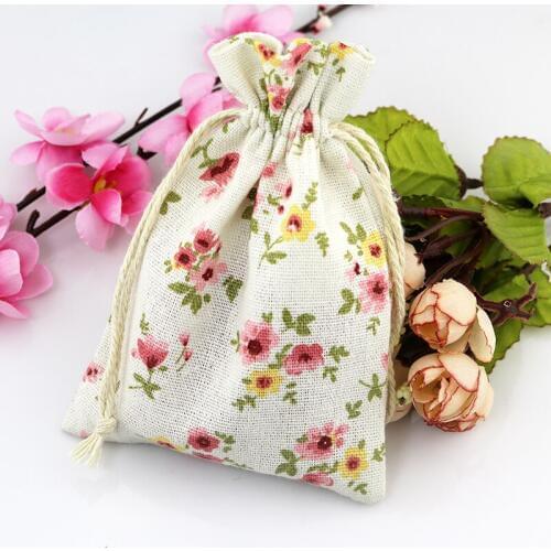 10pcs/lot pink flower print cotton bags Drawstring Gift Bag Pouches 10x14cm Cosmetic Jewelry Stationary Toys Packaging Bags