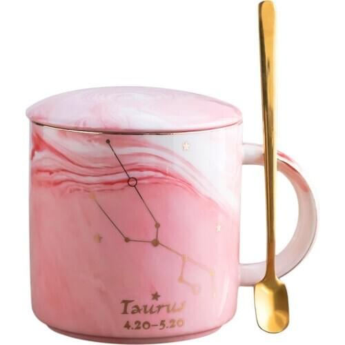 400ML Twelve Constellation Marble Cup with Cover Long Spoon Ceramic Party Tableware Set Porcelain Breakfast Coffee Mug Cup