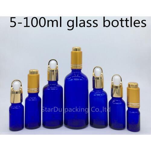 5ml 10ml 15ml 20ml 30ml 50ml 100ml blue glass essential oil bottle with gold Press dropper blue glass perfume bottles 200pcs/lot