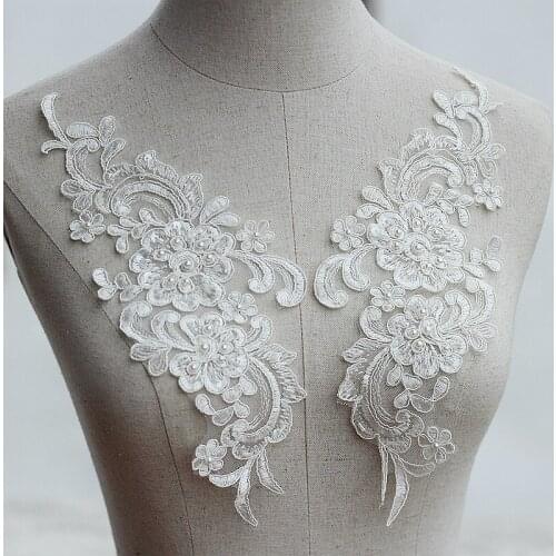 Ivory Alencon Lace Applique Beaded Sequined Patch For Wedding Supplies Bridal Hair Flower Headpiece 1 pair