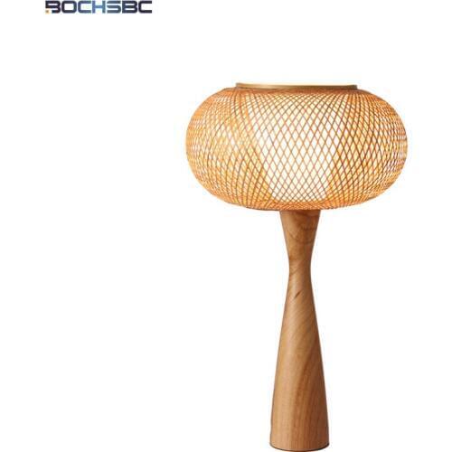 BOCHSBC Bamboo Table Lamps Wooden Base Desk Lights with E27 Bulb Lampara de mesa for Bedroom Dinning Room Living Room Led Lamp