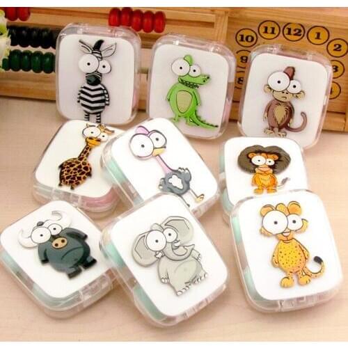 LIUSVENTINA DIY Acrylic Cute Ostrich Monkey Lion Ox Contact Lens Case with Mirror Box Container for Contact Lens Random Pattern