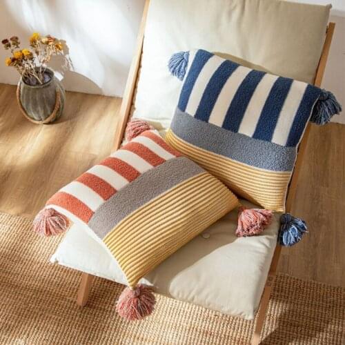 Nordic Style Tassels Accent Boho Throw Pillow Case Multicolor Patchwork Woven Tufted Striped Decorative Cushion Cover