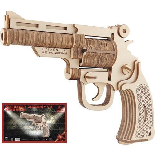 3D DIY Wooden Puzzle Toys Gun Revolver Model Assembly Kit Wood Crafts Construction Educational Gun For Boy Children Toy Gifts