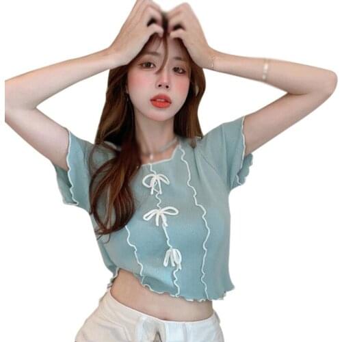 Elegant Women Knitted Blouse Bow Cardigan Female Streetwear Girls Short Sleeve Shirt Fashion Ladies Floral Embroidery Tops