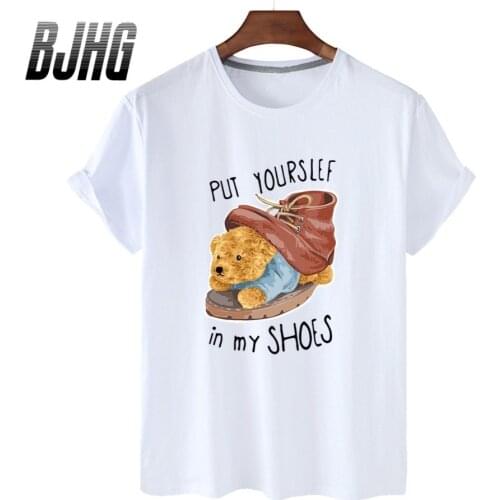 100% Cotton Funny Cartoon Bear Print Short-sleeved T-shirt Female Half-sleeved Summer Casual Oversized T-shirt Male Shirt S-4XL