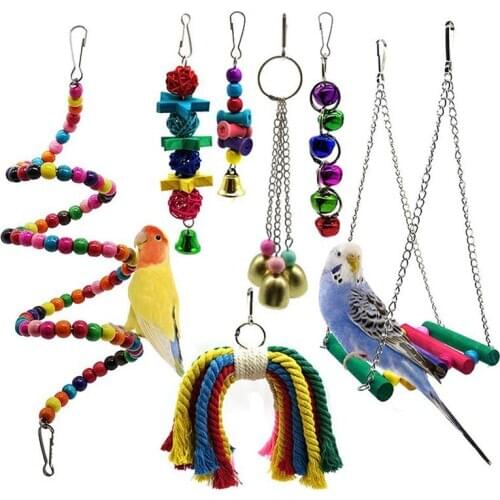 Bird Parrot Toys, 7 Packs Bird Swing Chewing Hanging Perches With Bells For Pet Parrot Lovebird Howl Budgie Cockatiels Macaws Fi