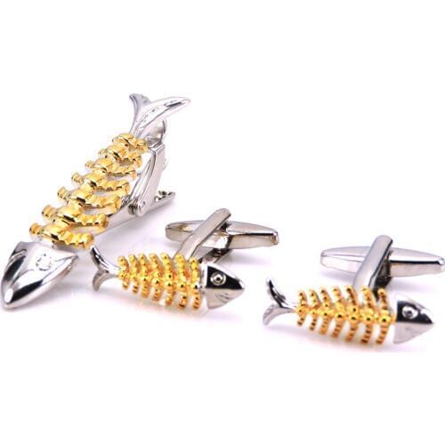 XKZM Classic stripe Luxury Men Cufflink and Tie Clip Set Golden fish Tie Clips Set Brand Business Shirt Cuff Links Bar Set