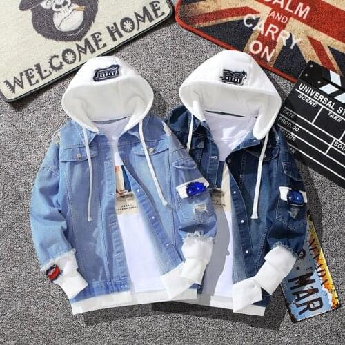 Men Denim Jacket Streetwear Hip Hop youth Hooded Jeans Coats Male Casual Loose Outerwear New autumn Fashion Slim Fit cotton