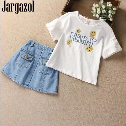 Jargazol Summer Kids Clothes Face Letter Happy Shirt&Jeans Skirt Fashion Korean Little Girls Clothing Set Cute Children Outfits