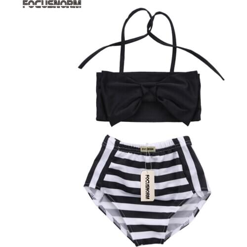 Cute Lovely Summer Newborn Infant Baby Girls Summer Swimwear 2PCS Sleeveless Striped Bow Belt Tops Shorts Outfit 2-7Y