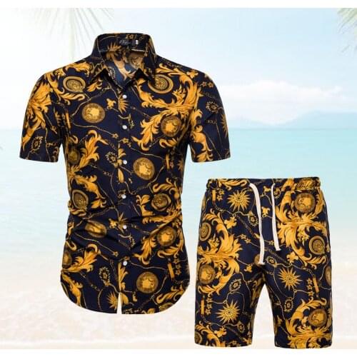 2021 Mens 2-piece Set Summer Fashion Casual Hawaiian Shirt Graphic T-shirt Vest Shorts Suit Beach Sports Suit Pocket Sportswear