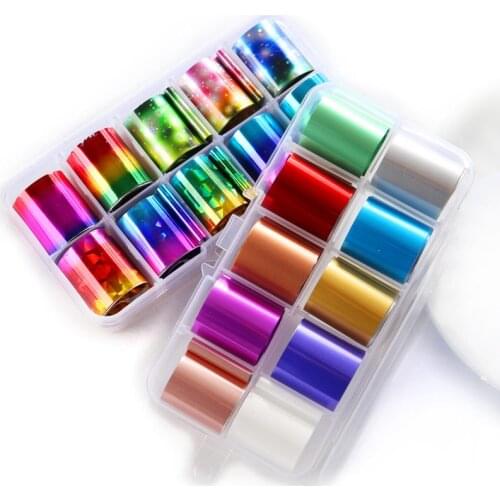 New 10pcs/box Holographic Nail Foil Set Transparent AB Color Diamond Starry Sky Nail Art Transfer Sticker Manicure 2.5*100cm